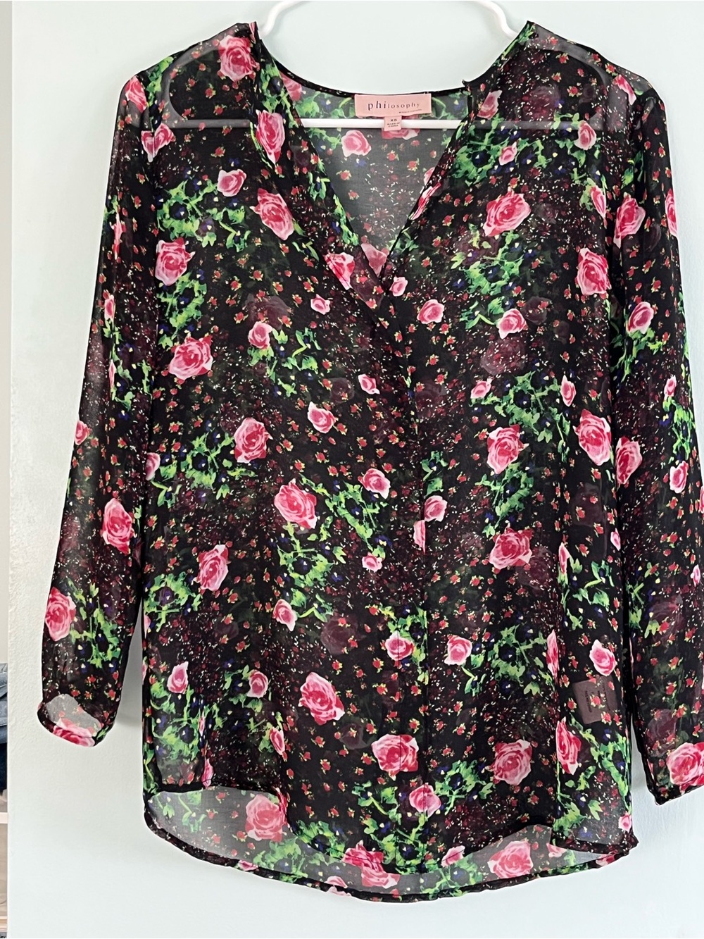 Philosophy Sheer Black Blouse with Pink Rose Print